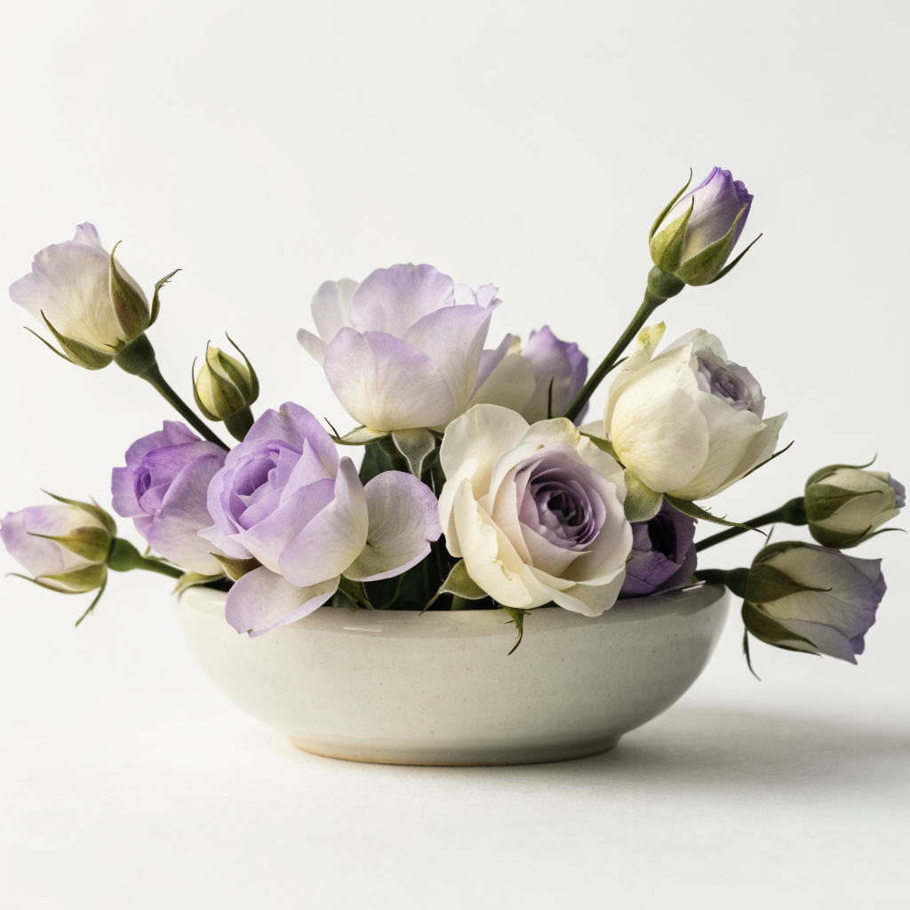 A low arrangement of lavender and white roses in a round ceramic bowl