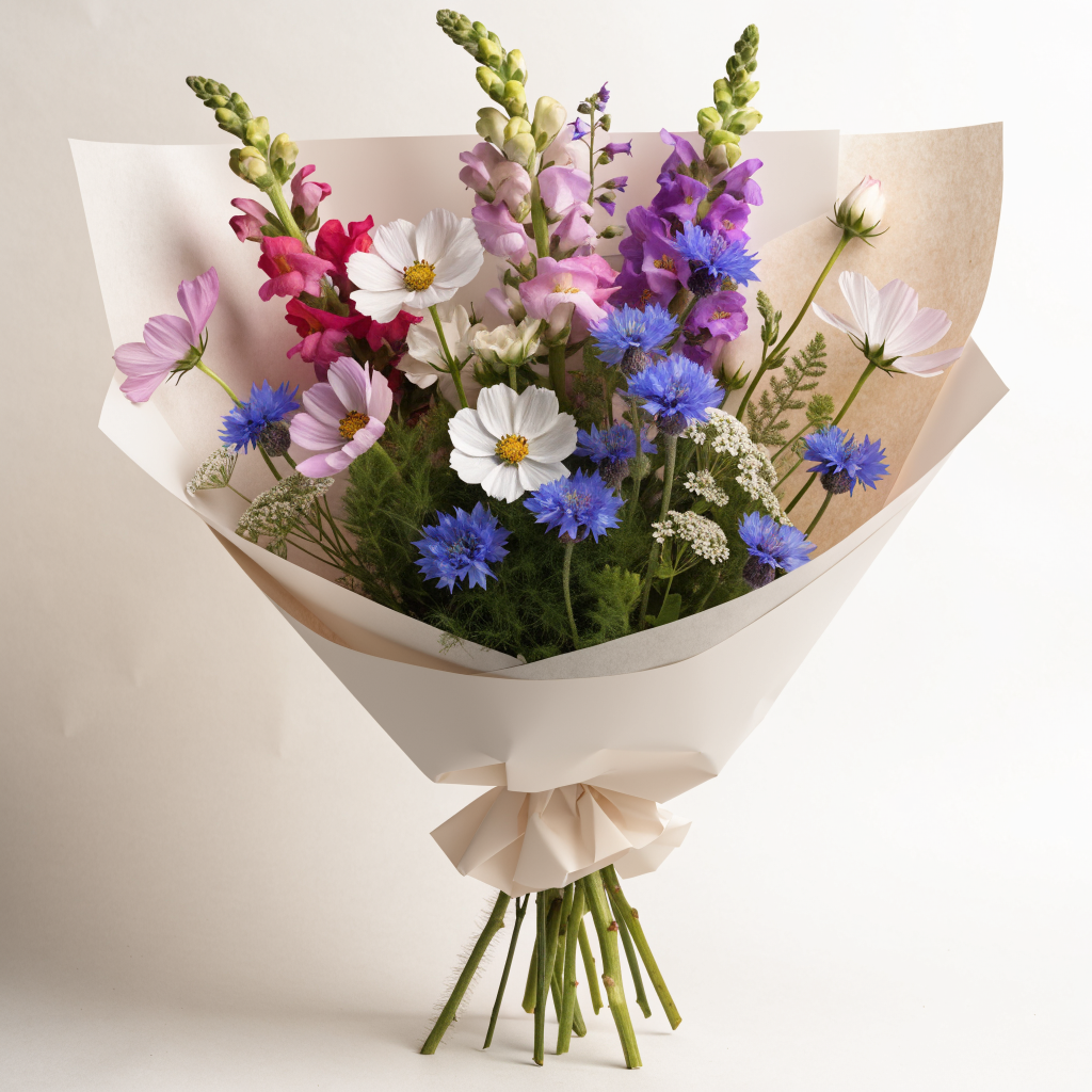 A wildflower bouquet of cosmos, snapdragons and blue cornflowers wrapped in paper